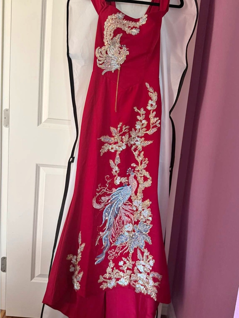 Chinese style embroidered Red Maxi Dress with Peacock and floral Embroidery